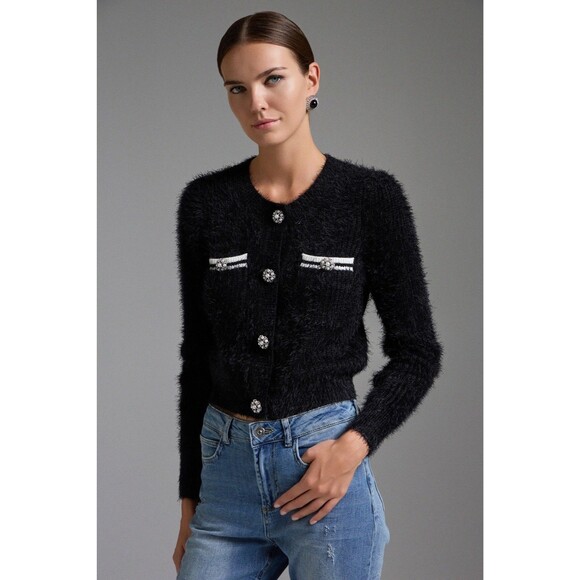 New BSB Collection Cardigan fringes jewel buttons Black Sweater Sz M Occasion - Picture 2 of 8